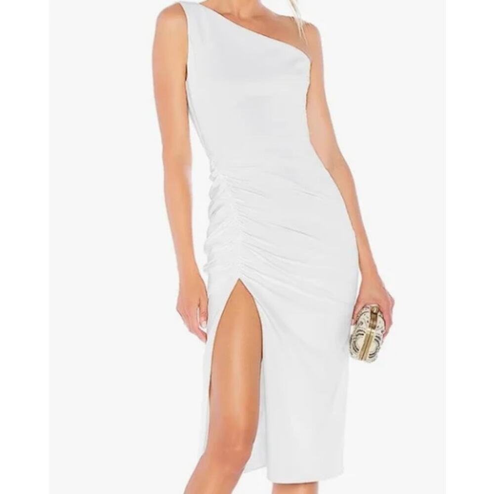 One-Shoulder White Midi Dress with Side Ruched Detail